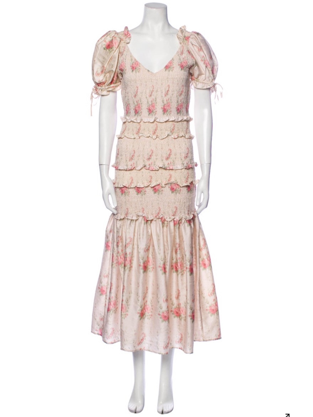 LoveShackFancy Pink Floral Smocked Tiered Midi Dress